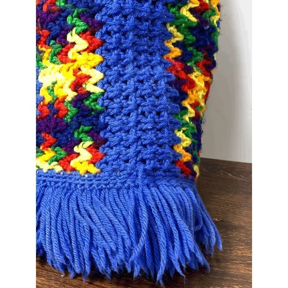 Handcrafted Fringe Woven Rug Blanket Blue Yellow Hues 54x58''